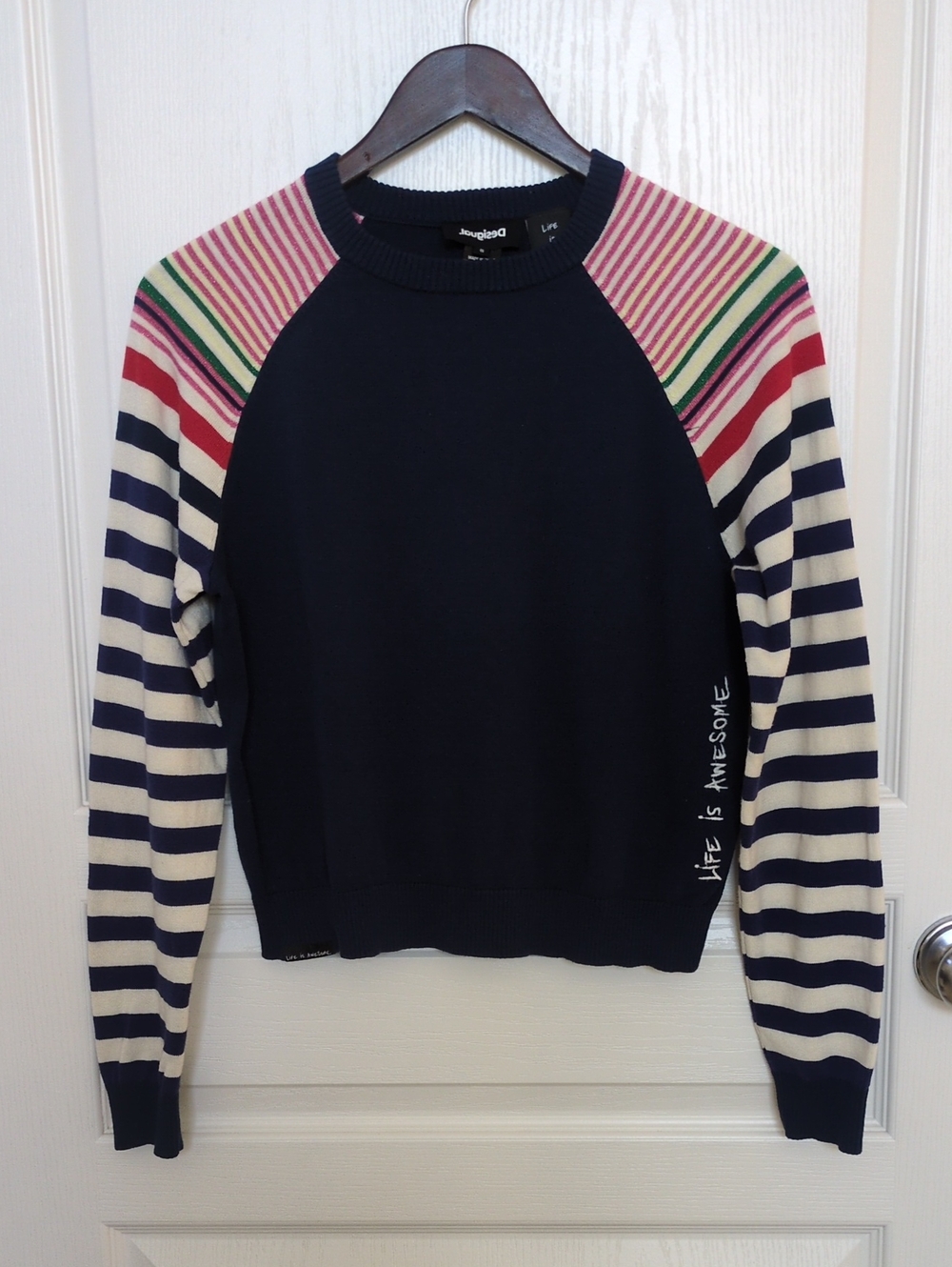 Desigual Navy Sweater with Multicolor Striped Raglan Sleeves